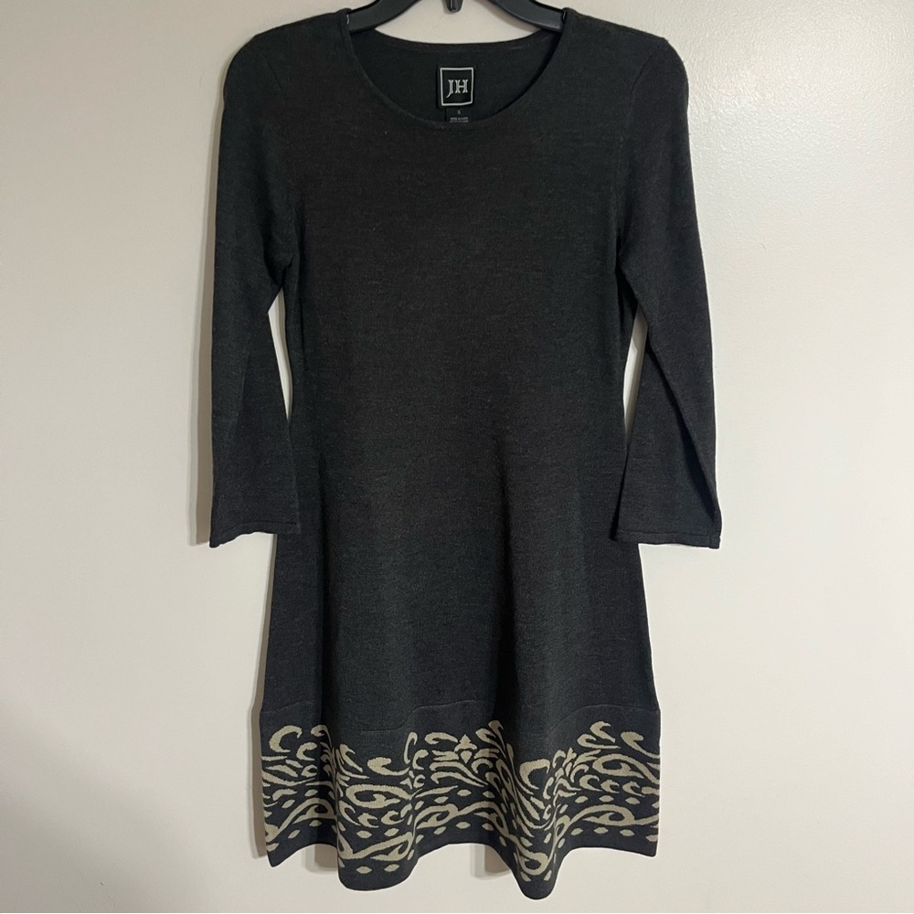 Women's JH Grey Knit Scoop‎ Neck 3/4 Sleeve Acrylic Sweater Dress Size Small